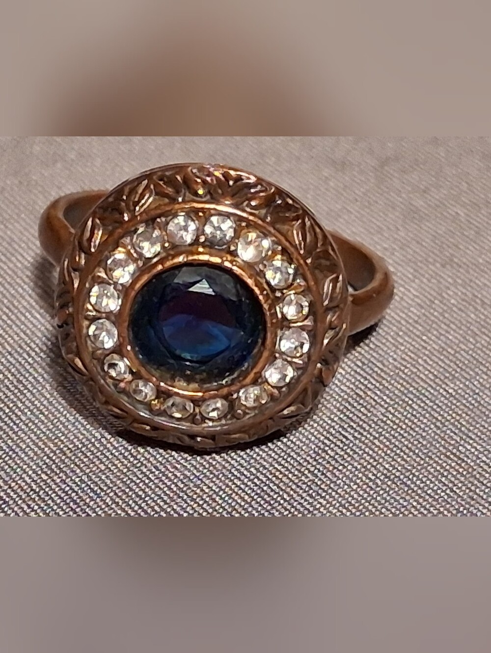 Vintage Copper Ring With Blue And Clear Stones Sz. 8.5